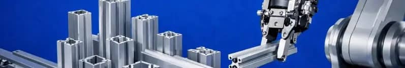 Roboterarm bearbeitet Aluminiumprofile im Werkstattumfeld